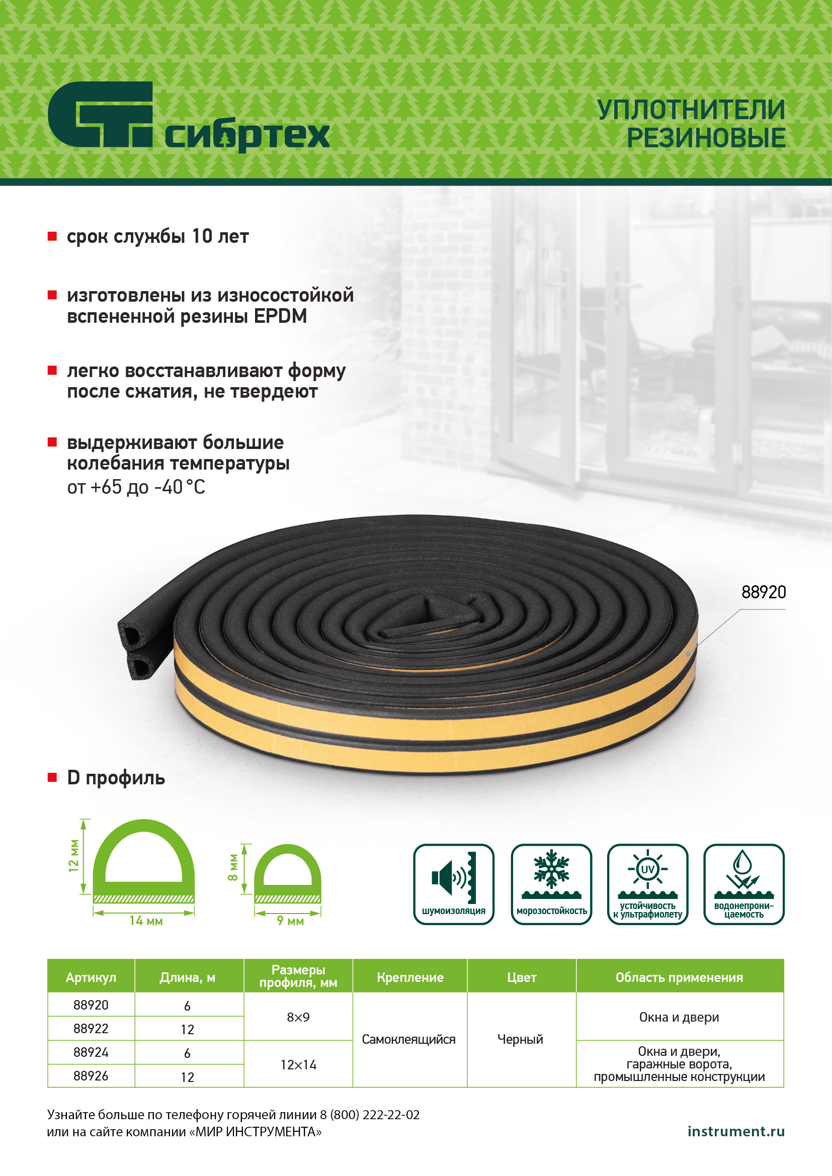 Уплотнитель резиновый, 6 м, профиль "D", черный Сибртех