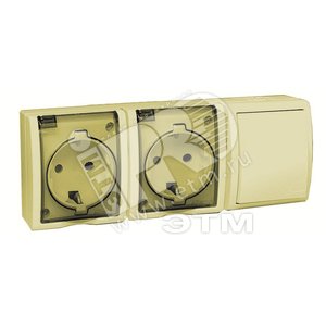 15 Aqua Блок розетка двойная с заземлением 16А 250В + выключатель проходной 10А 250В IP54 слоновая кость