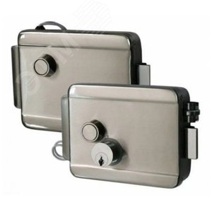 Замок накладной, НЗ, универсальный DIN, цилинр снаружи, кнопка изнутри, питание 12VDC/1А, -40град.+50град.С, никелированная сталь.
