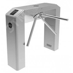 Турникет трехштанговый электромеханический, нержавеющая сталь, индикаторы прохода, автоматическая система антипаники. Питание 220 В AC, 60 Вт. Размеры