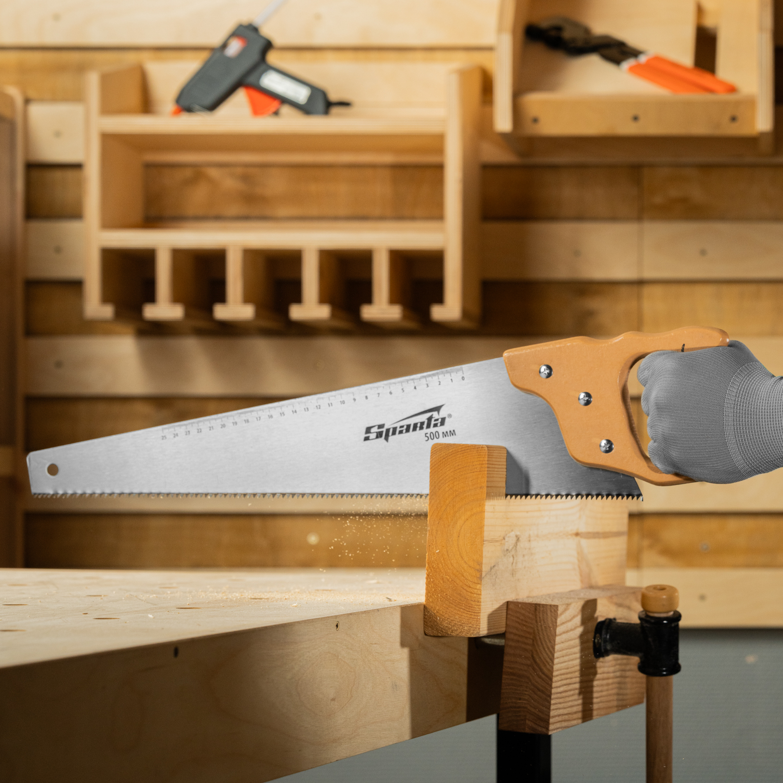 Ножовка по дереву, 500 мм, 7-8 TPI, каленый зуб, линейка, деревянная рукоятка Sparta