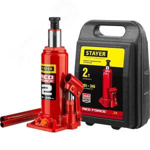STAYER RED FORCE, в кейсе, 2 т, 181 - 345 мм, бутылочный гидравлический домкрат, Professional (43160-2-K)