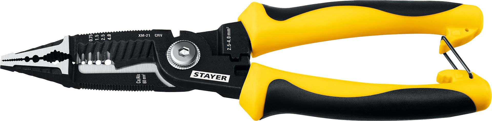 STAYER XM-21, резка d 14мм, зачистка 0.75 – 25 мм2, кримпер 2.5 мм2, плоскогубцы 210 мм, электромонтажные клещи, Professional (23342-21)