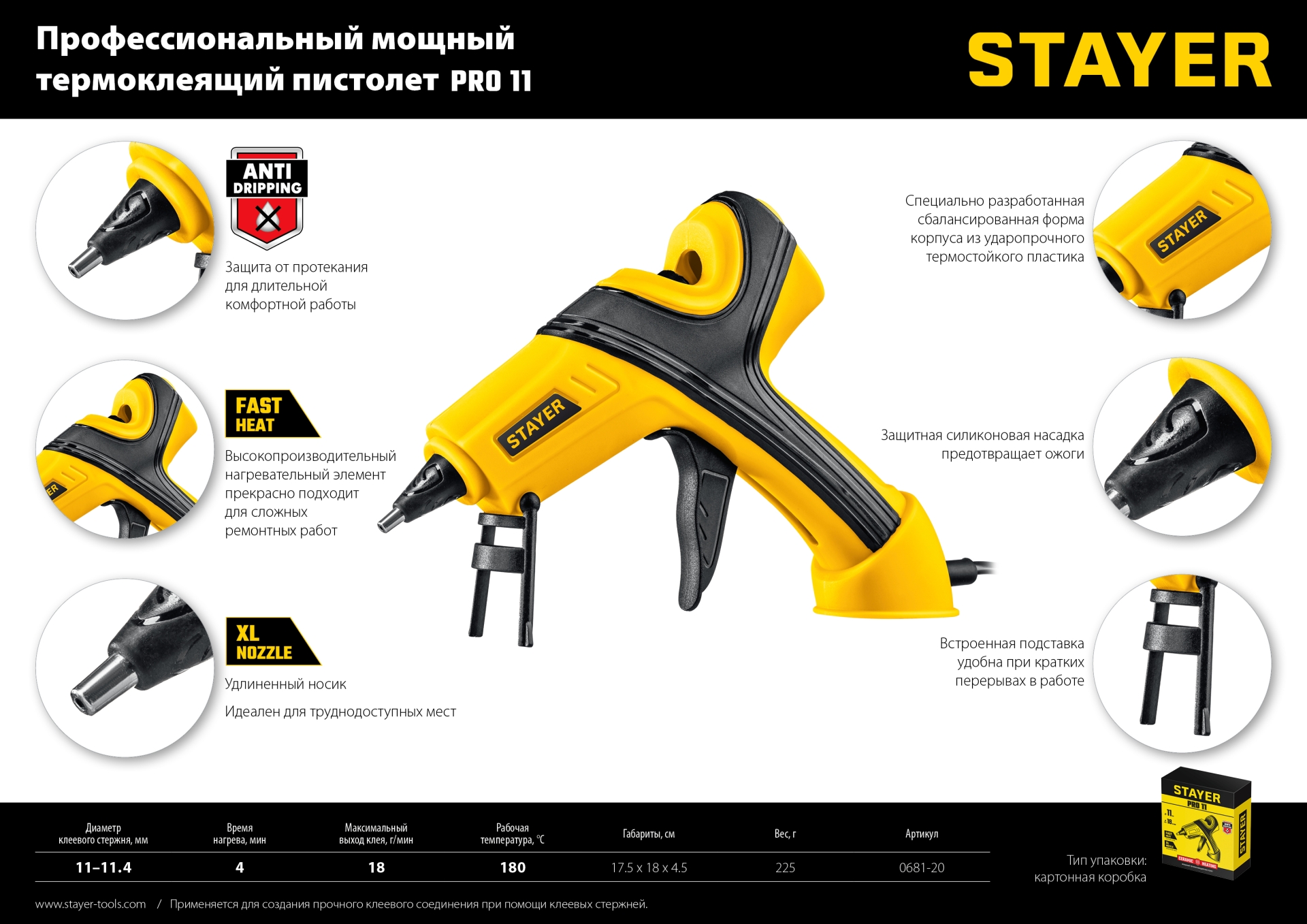 STAYER PRO 11, d 11 мм, 18 г/мин, электрический, пистолет термоклеевой, Professional (0681-20)