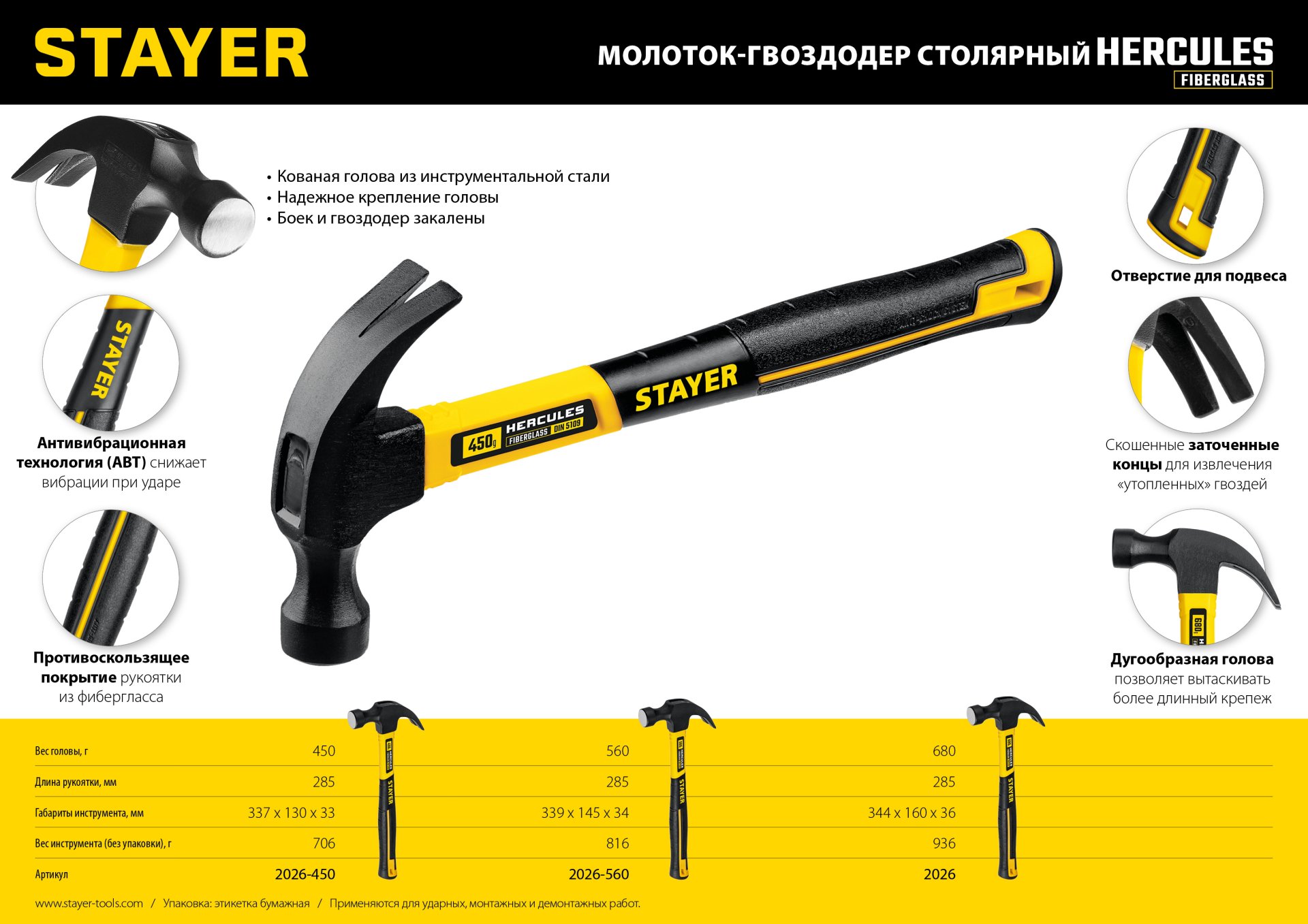 STAYER Hercules, 560 г, молоток-гвоздодёр столярный с фиберглассовой рукояткой, Professional (2026-560)