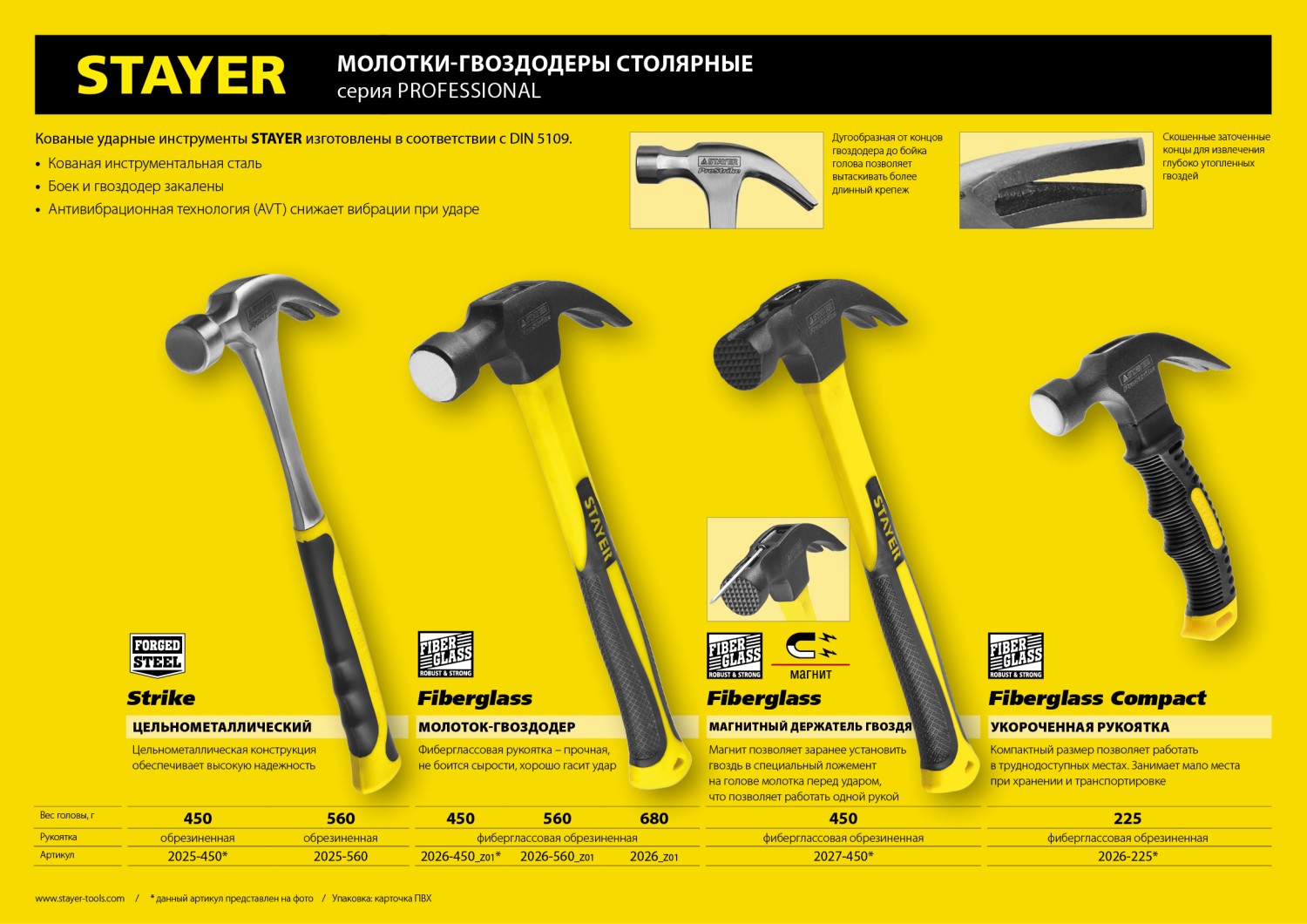 STAYER Compact, 225 г, столярный укороченный молоток-гвоздодёр, Professional (2026-225)