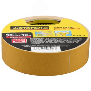 STAYER 38 мм, 10 м, на полипропиленовой основе, двухсторонняя клейкая лента (1221-38-10)