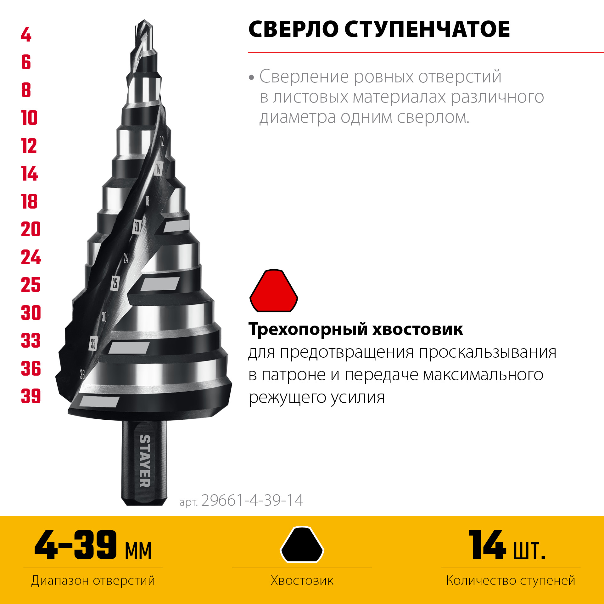 STAYER Pro-Max 4-39мм, 14 ступеней, винтовая спираль, сверло ступенчатое (29661-4-39-14)