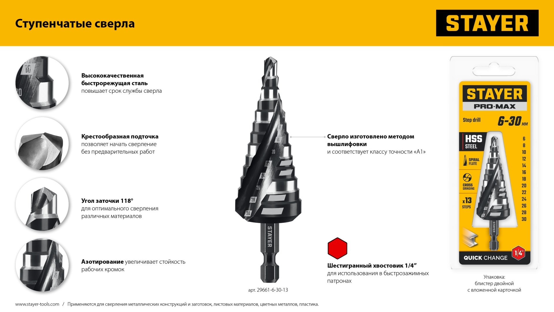 STAYER Pro-Max 6-38мм, 12 ступеней, винтовая спираль, сверло ступенчатое (29661-6-38-12)