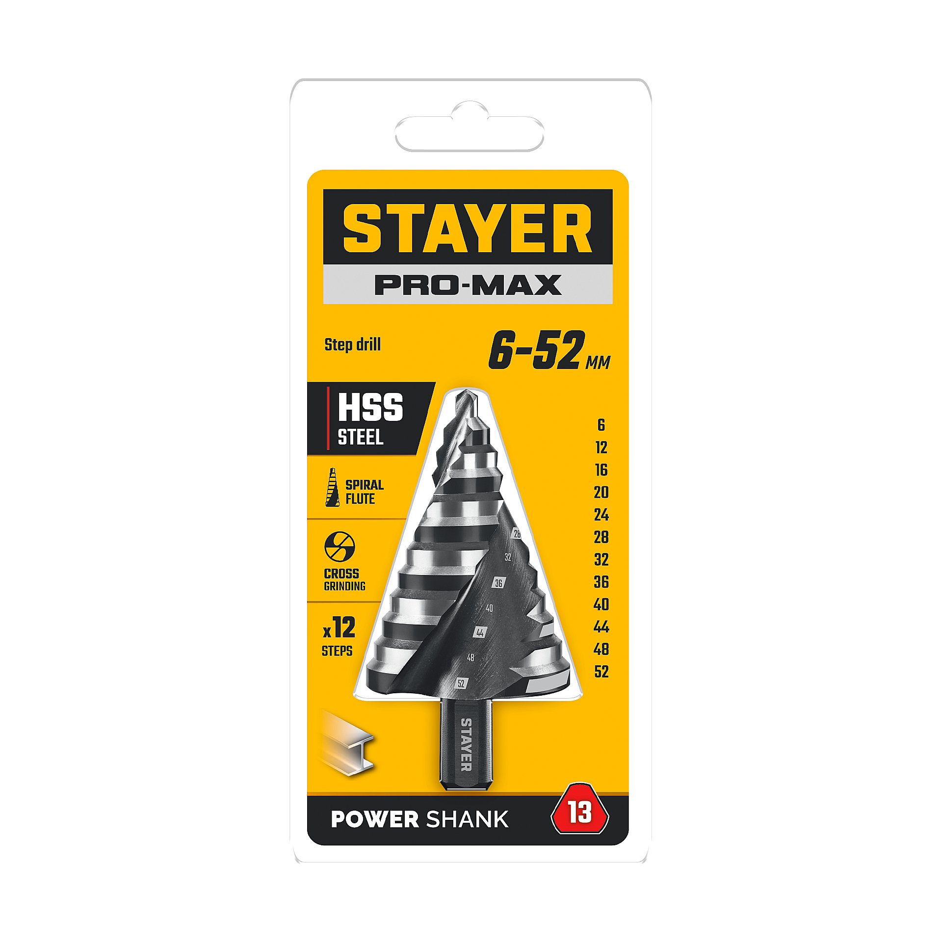 STAYER Pro-Max 6-52мм, 12 ступеней, винтовая спираль, сверло ступенчатое (29661-6-52-12)