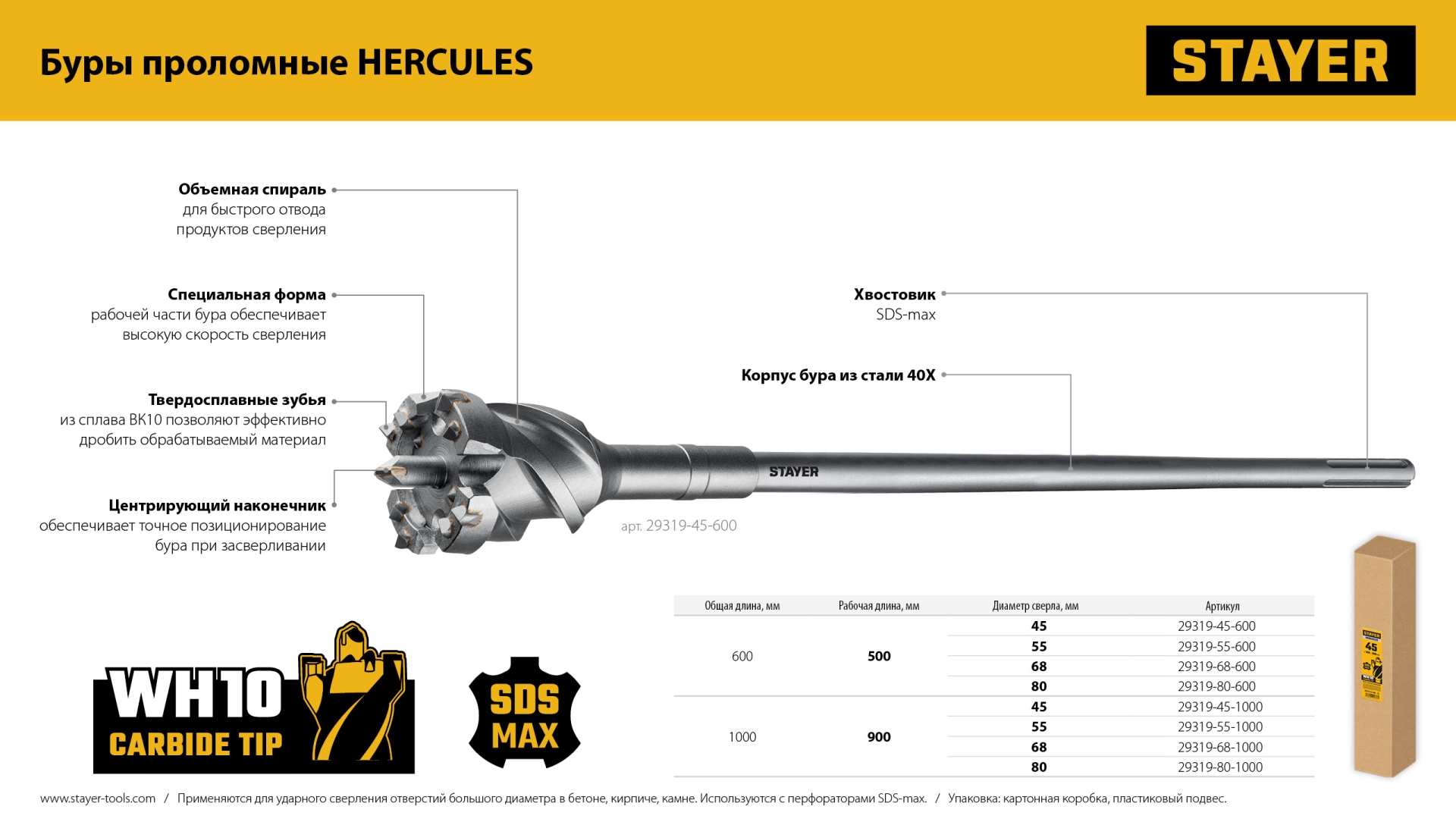 STAYER HERCULES-4Х d 55 х 900/1000 мм, SDS-max проломной бур, PROFESSIONAL (29319-55-1000)
