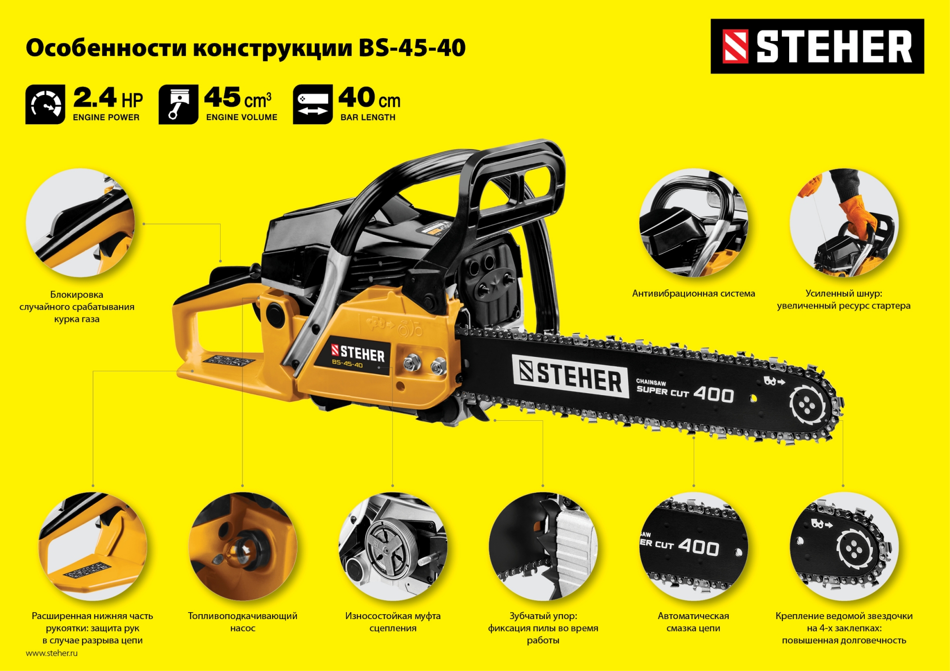 STEHER 45 см3, 40 см, бензопила (BS-45-40)