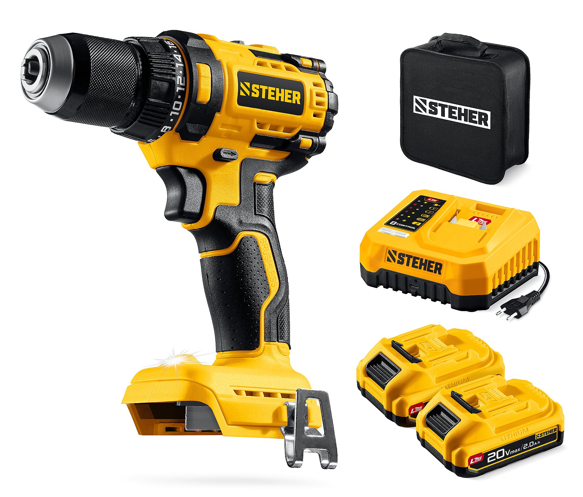 STEHER 20 В, 65 Н·м, 2 АКБ LMS (2 А·ч), бесщеточная дрель-шуруповерт, сумка (CB-65-22)