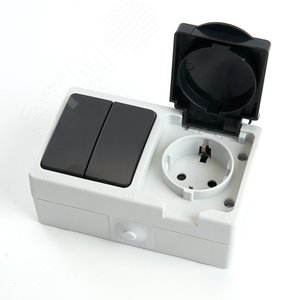 Блок розетка 1-местная с/з + выключатель 2-клавишный, серый/графит,