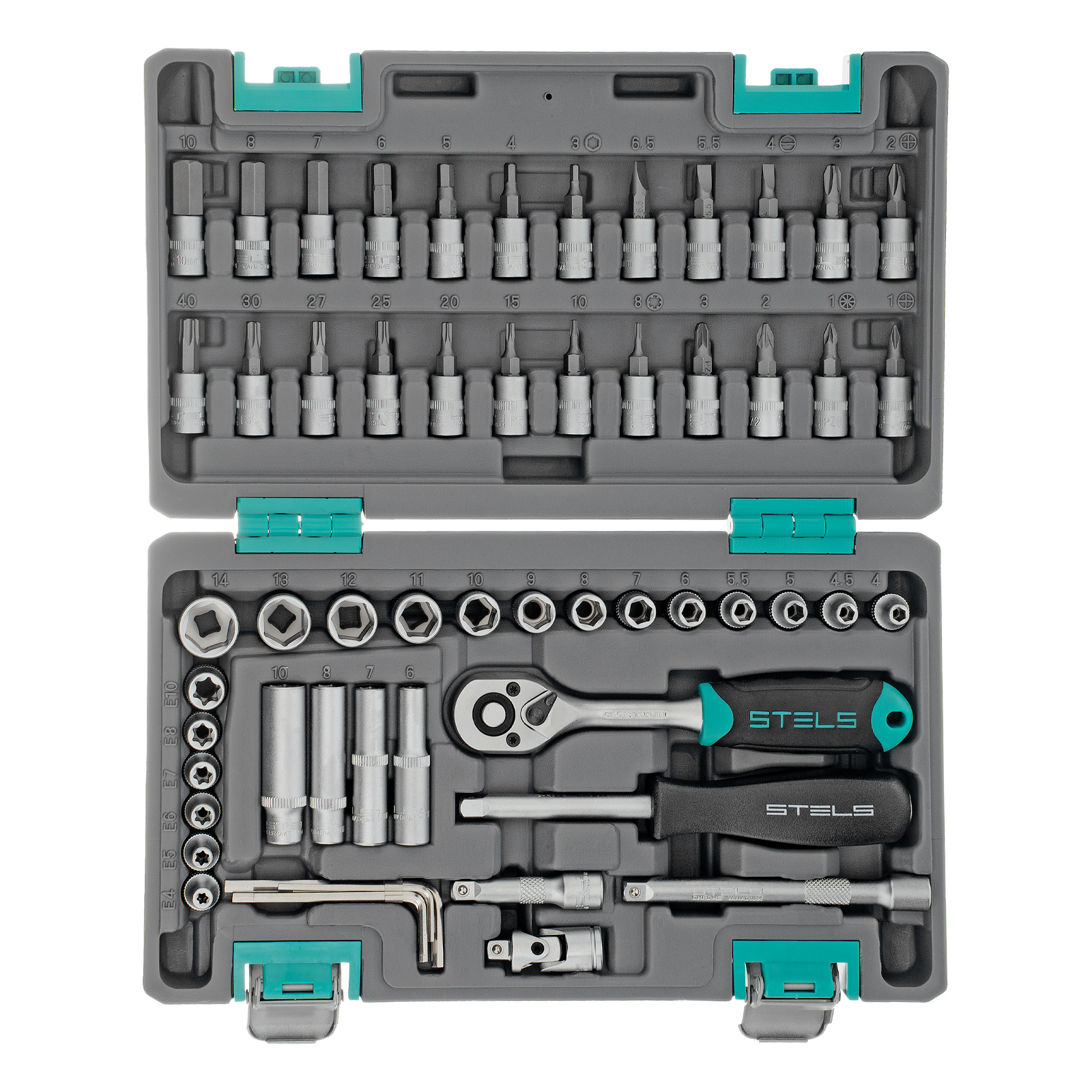 Набор инструментов, 1/4", CrV, пластиковый кейс 57 предметов Stels