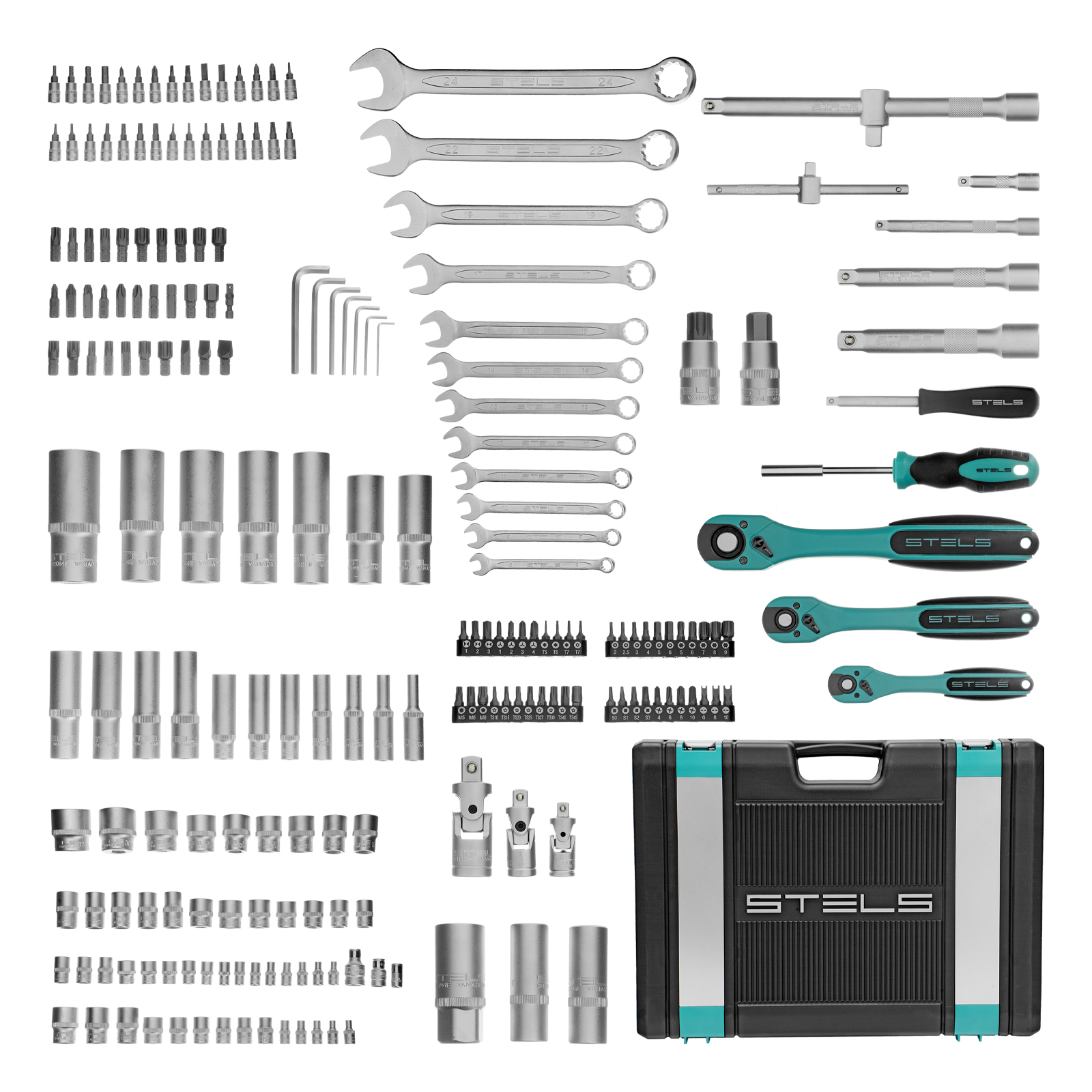 Набор инструментов, 1/4", 3/8", 1/2", Cr-V, S2, усиленный кейс, 216 предметов Stels