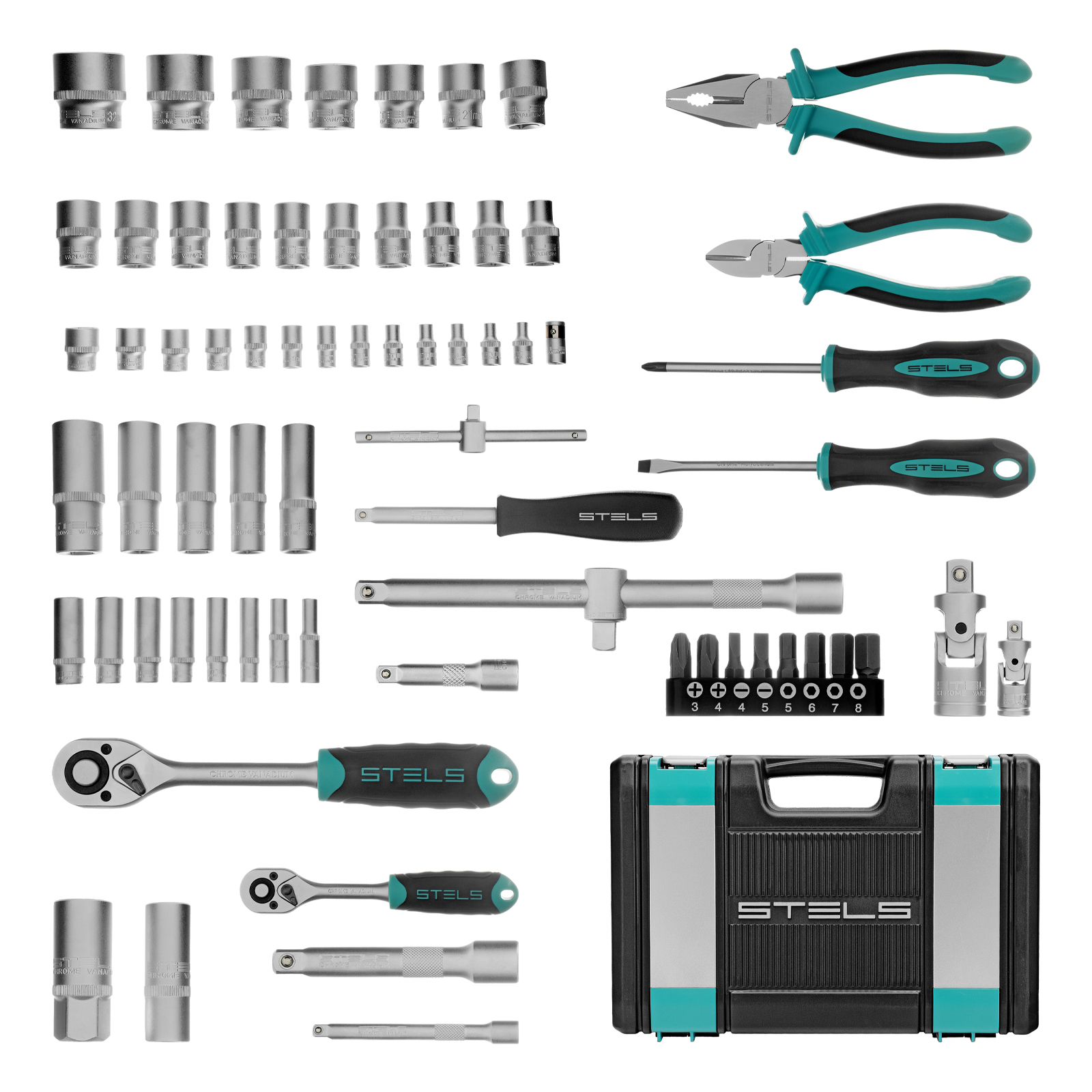 Набор инструментов, 1/2", 1/4", CrV, пластиковый кейс 69 предметов Stels