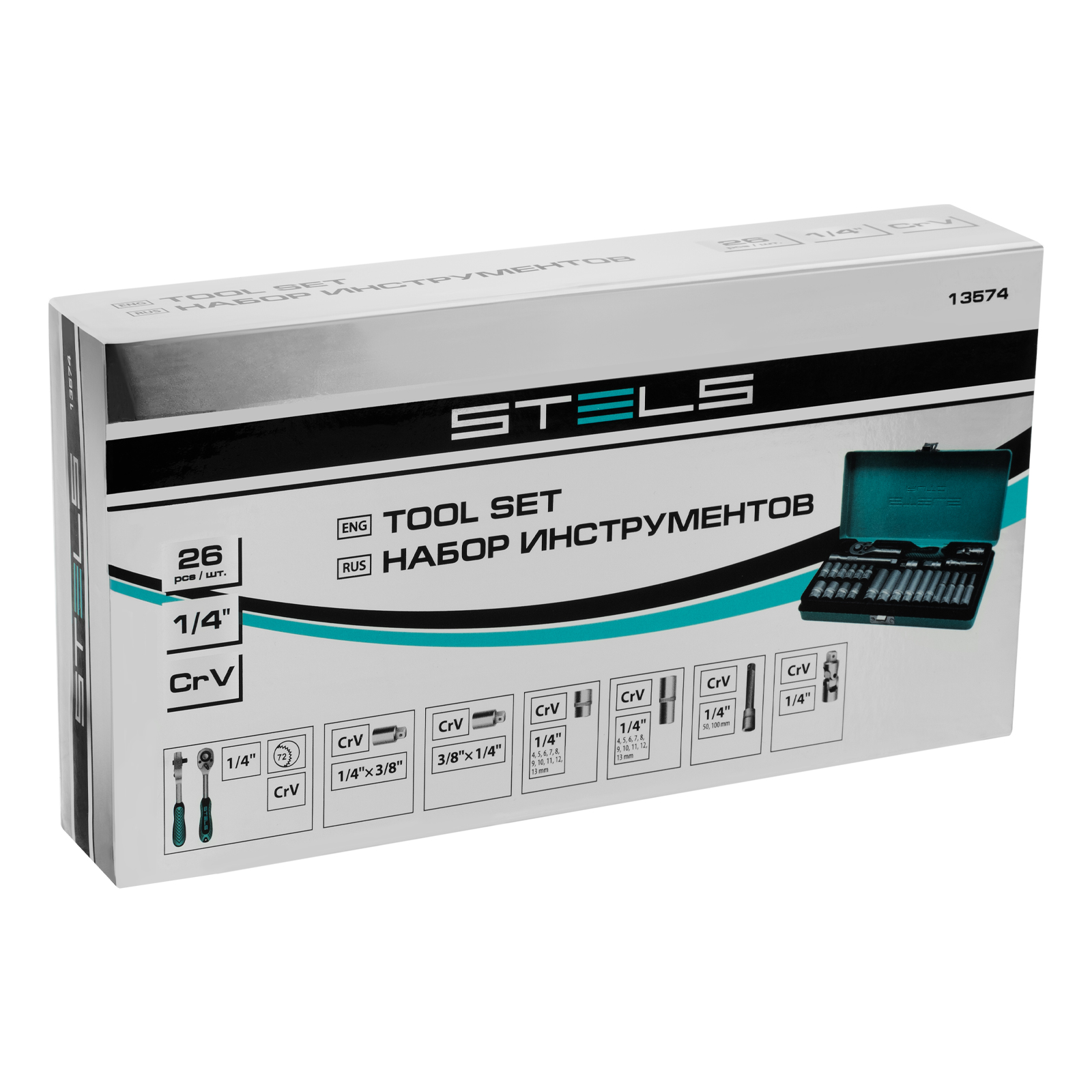 Набор торцевых головок с трещоткой, 1/4", 26 предметов Stels