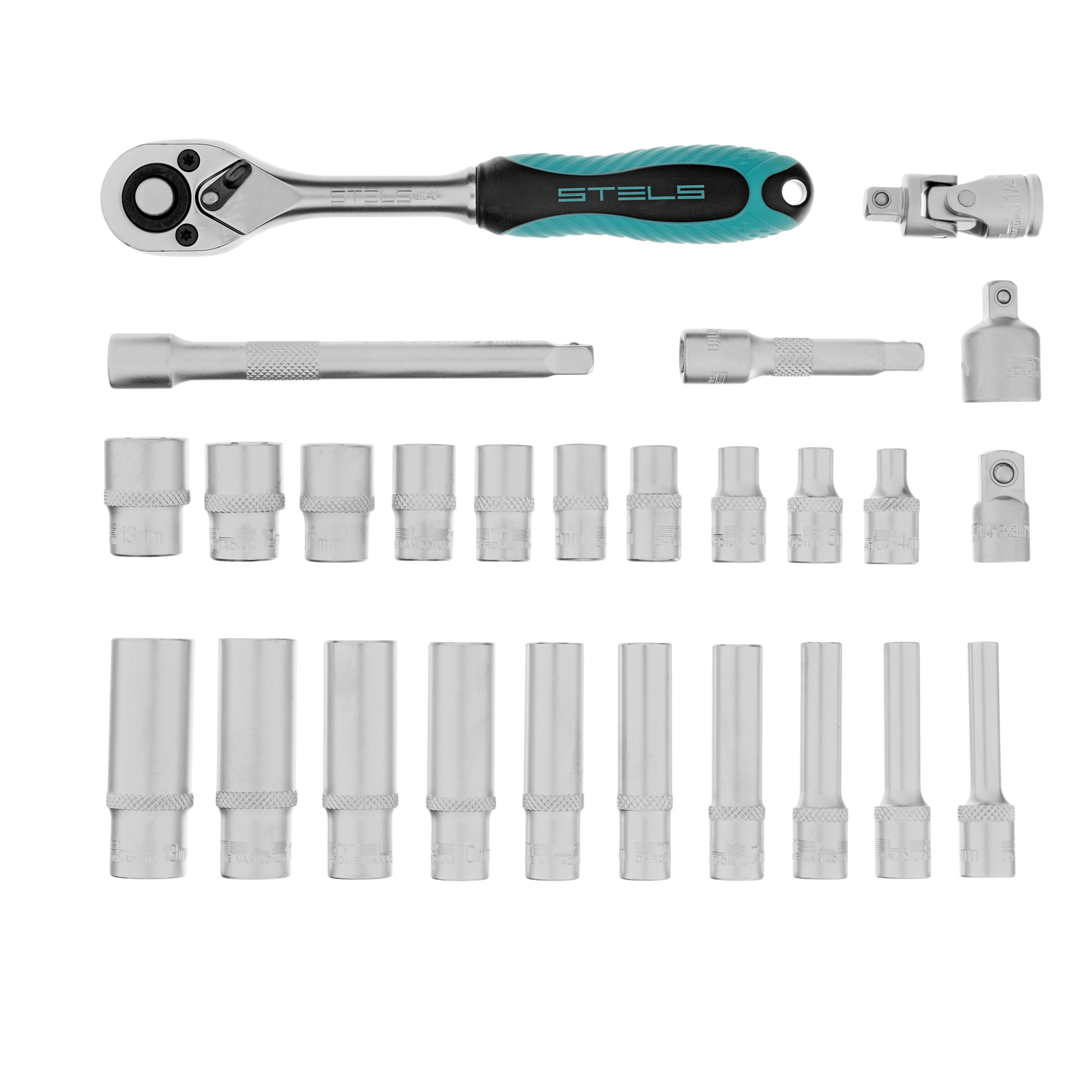 Набор торцевых головок с трещоткой, 1/4", 26 предметов Stels