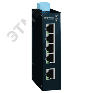 Коммутатор неуправляемый, монтаж на DIN рейку, 5 портов 10/100Base-TX, 24VDC (18-36VDC) резервированный источник питания, рабочий диапазон температур 