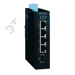 Коммутатор неуправляемый, монтаж на DIN рейку, 4 порта 10/100Base-TX, 1 порт 100Base-X SFP, 24VDC (18-36VDC) резервированный источник питания, рабочий