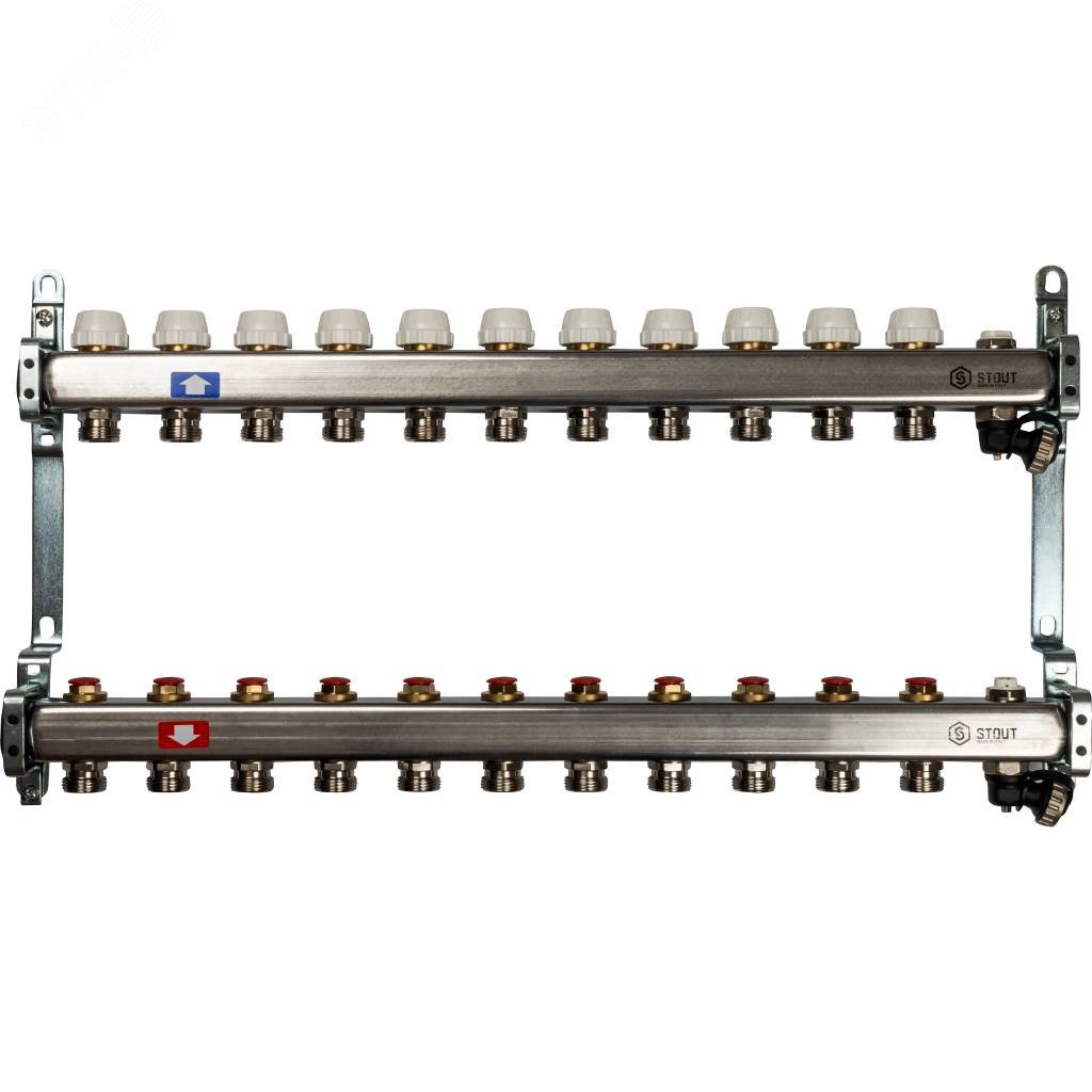 блок коллекторный с ручными регулировочными клапанами 1' х 11 выходов 3/4' нр евроконус с воздухоотводчиком и сливом