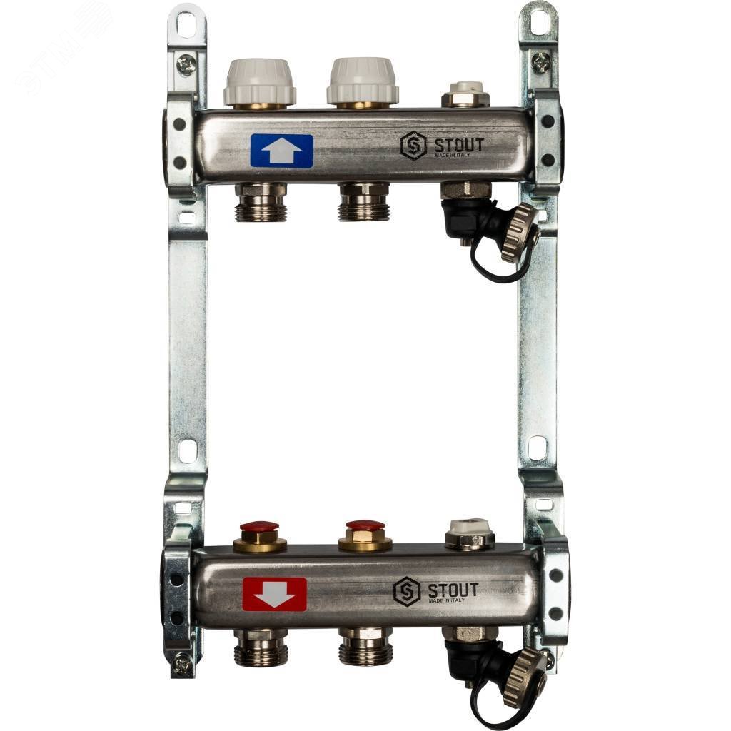 Блок коллекторный с ручными регулировочными клапанами 1' х 2 выходов 3/4' НР евроконус с воздухоотводчиком и сливом