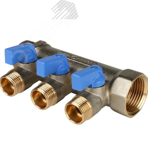 Коллектор с шаровыми кранами 1', 3 отвода 1/2' (синие ручки)