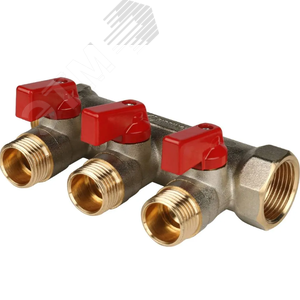 Коллектор с шаровыми кранами 3/4', 3 отвода 1/2' (красные ручки)