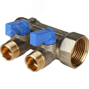 Коллектор с шаровыми кранами 1', 2 отвода 1/2' (синие ручки)
