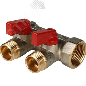 Коллектор с шаровыми кранами 1', 2 отвода 1/2' (красные ручки)