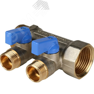 Коллектор с шаровыми кранами 1', 2 отвода 1/2' (синие ручки)