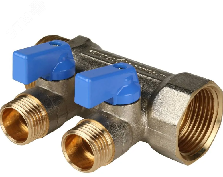 Коллектор с шаровыми кранами 1', 2 отвода 1/2' (синие ручки)