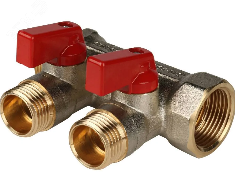 Коллектор с шаровыми кранами 3/4', 2 отвода 1/2' (красные ручки)