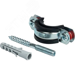 Хомут сантехнический с шпилькой шурупом и пластиковым дюбелем 1' (32-37 мм) оцинкованная сталь с резиновым уплотнением