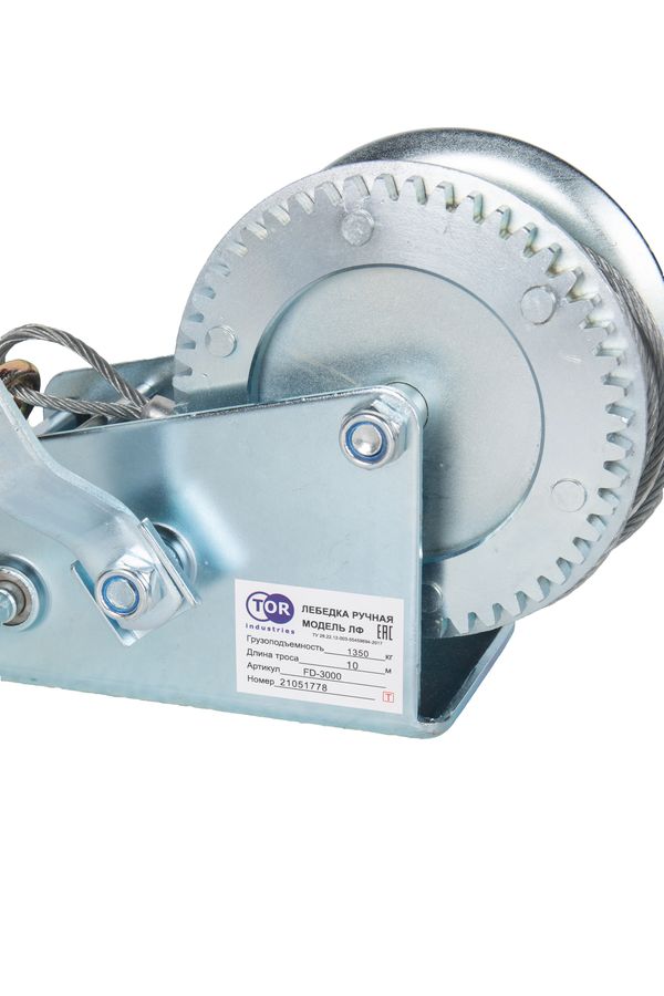 Лебедка ручная барабанная с тросом 1300кг  10м оцинкованная TOR FD