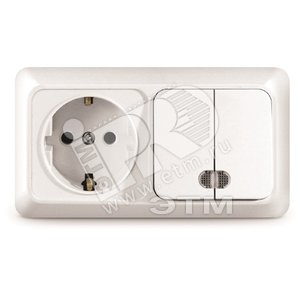 Блок выключатель двуклавишный c подсветкой + розетка с заземлением Олимп горизонтальный белый
