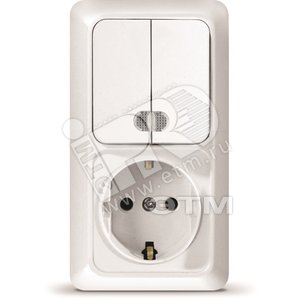 Блок выключатель двуклавишный c подсветкой + розетка с заземлением Олимп вертикальный белый