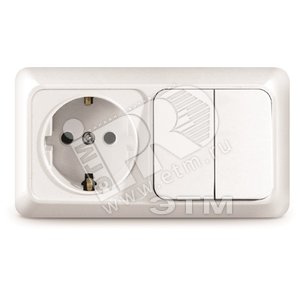 Блок выключатель двуклавишный + розетка с заземлением Олимп горизонтальный белый