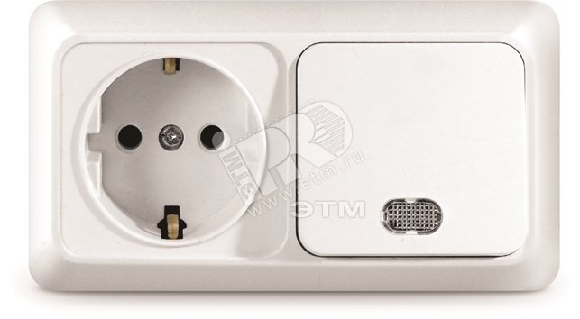 Блок выключатель одноклавишный c подсветкой + розетка с заземлением Олимп горизонтальный белый
