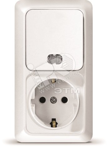 Блок выключатель одноклавишный c подсветкой + розетка с заземлением Олимп вертикальный белый