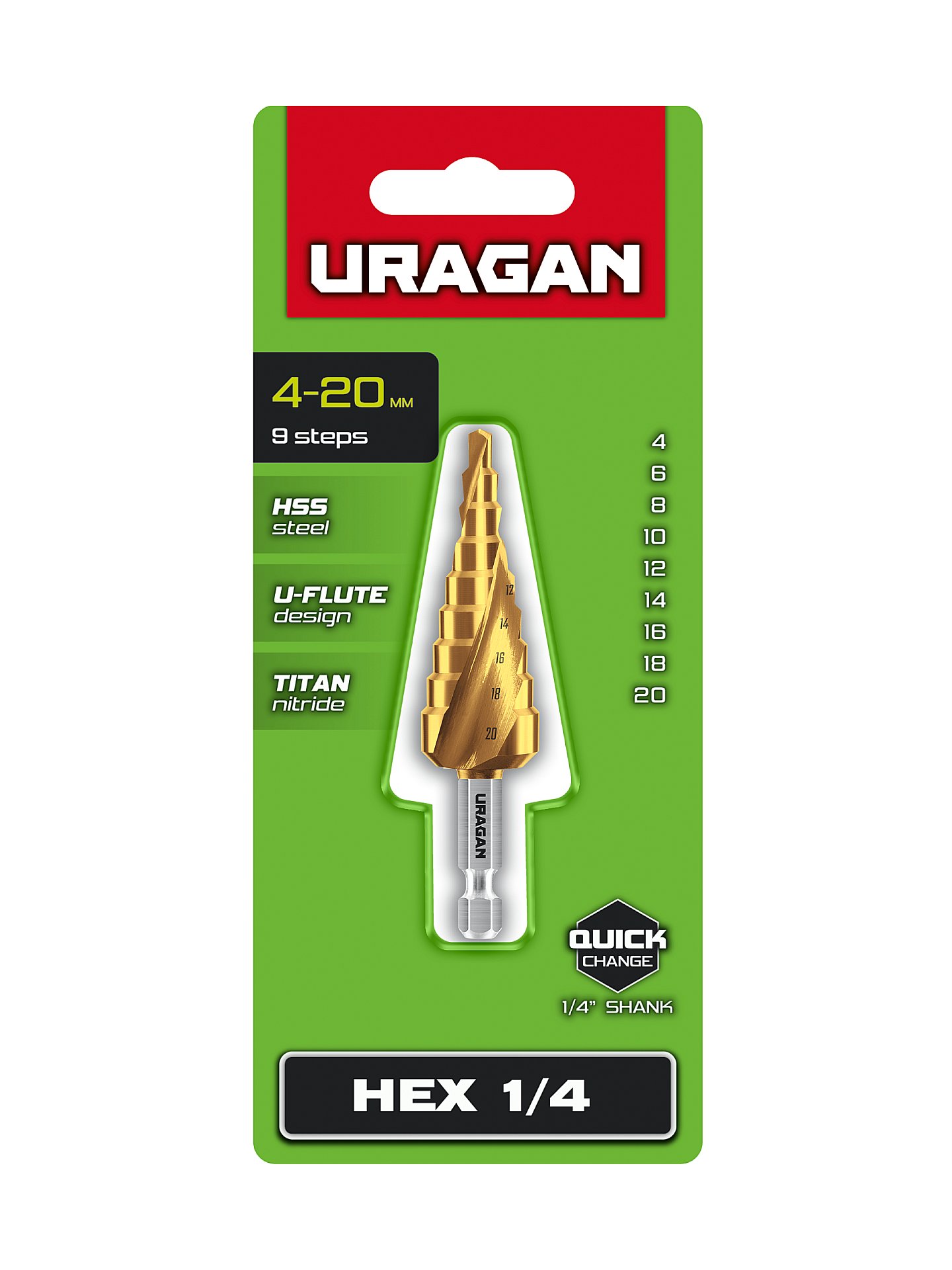 URAGAN 4-20мм, 9 ступеней, винтовая спираль, сверло ступенчатое(29658-4-20-9)