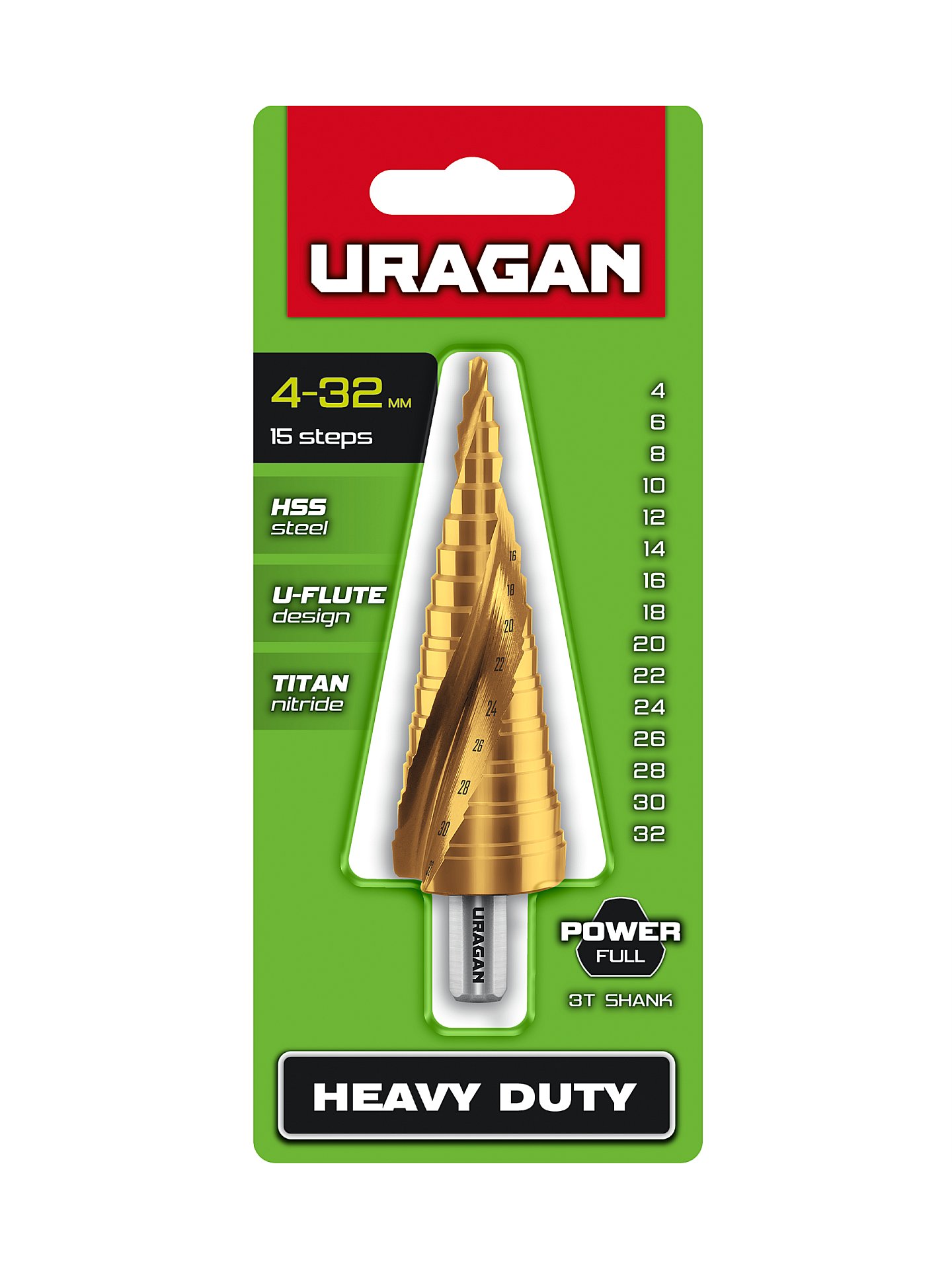 URAGAN 4-32мм, 15 ступеней, винтовая спираль, сверло ступенчатое (29658-4-32-15)