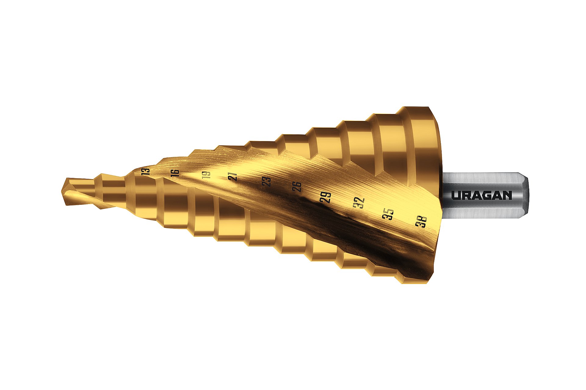 URAGAN 6-38мм, 12 ступеней, винтовая спираль, сверло ступенчатое (29658-6-38-12)
