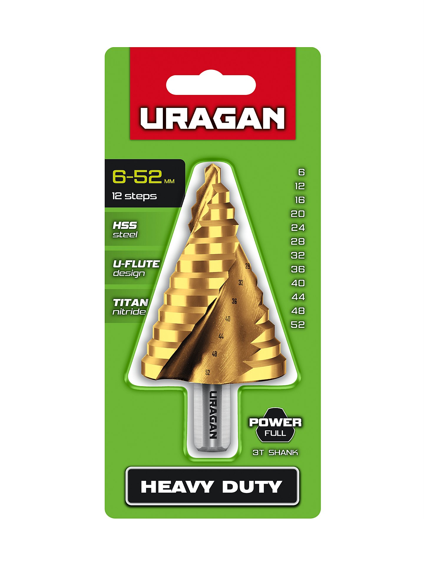 URAGAN 6-52мм, 12 ступеней, винтовая спираль, сверло ступенчатое(29658-6-52-12)