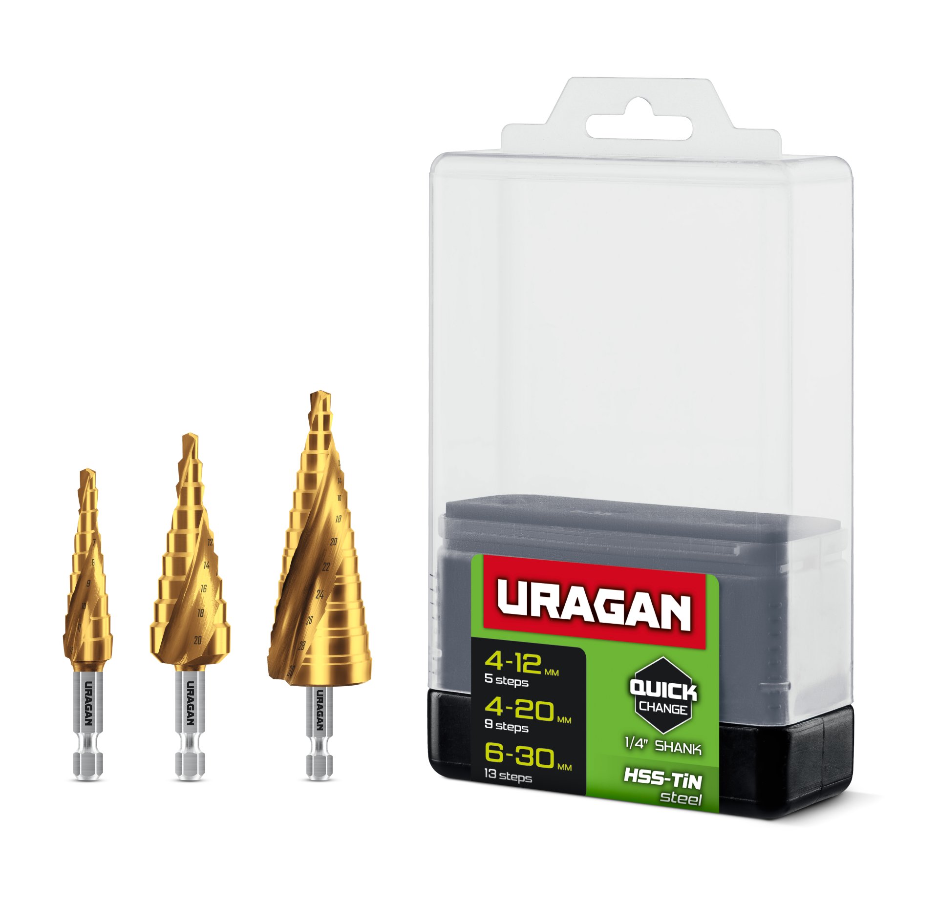URAGAN 3 шт, 4-30мм, винтовая спираль, набор сверл ступенчатых(29658-4-30-H3)