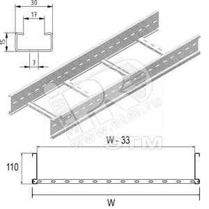 Кабельный лоток лестничного типа серии LIGHT, высота - 110 мм, ширина - 300 мм, длина - 6000 мм, кратность - 6м, SZ - Оцинкованная сталь (методом Send