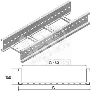 Кабельный лоток лестничного типа серии HEAVY, высота - 150 мм, ширина - 500 мм, длина - 6000 мм, кратность - 6м, I6 - Нержавеющая сталь (316)