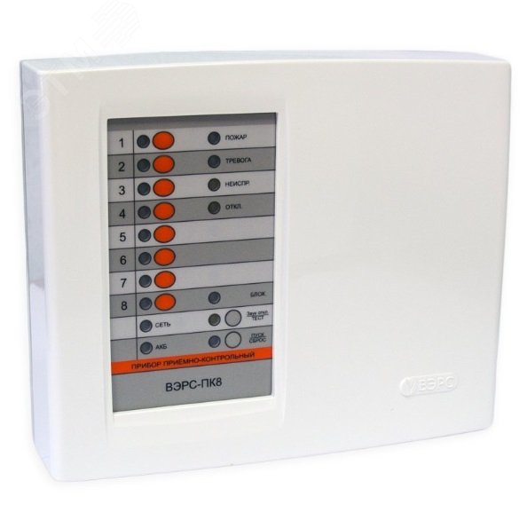 Прибор приемно-контрольный охранно-пожарный ВЭРС-ПК8П-РС версия 3.2, встроенный регистратор событий, пластмассовый корпус, 8 шлейфов сигнализации