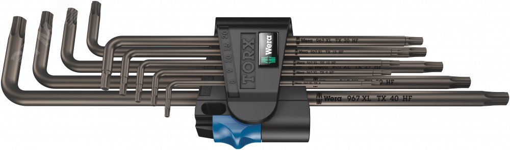 Набор Г-образных ключей с функцией фиксации крепежа 967/9 TX XL HF TORX 1 удлиненный TX 8 - TX 40 9 предметов комплектация: 9x 967 XL HF TORX Г-образн